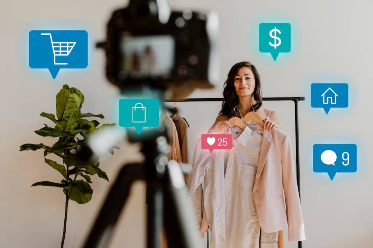 A woman showcasing clothes for an online fashion vlog