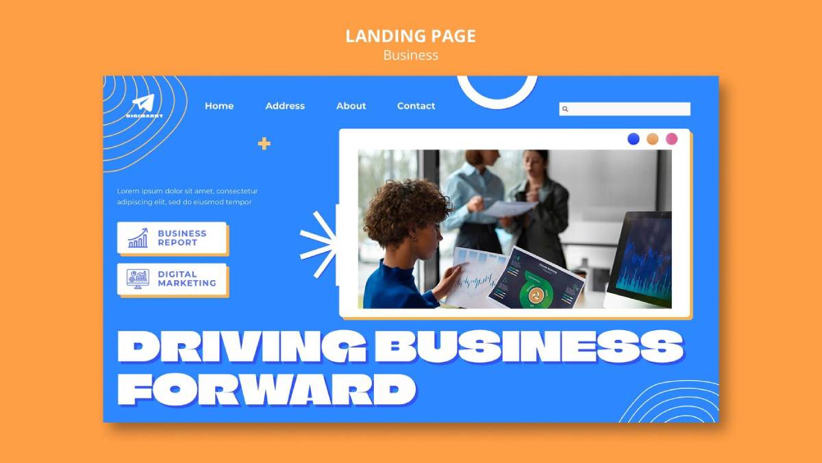 A modern business landing page design featuring a young woman analyzing data on a computer screen with prominent "DRIVING BUSINESS FORWARD" text.