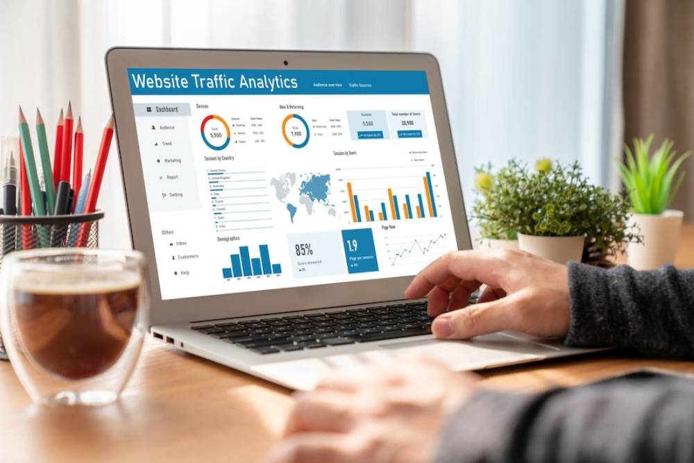 A person analyzes website traffic data on a laptop, surrounded by a coffee cup, stationery, and a small plant on a desk.