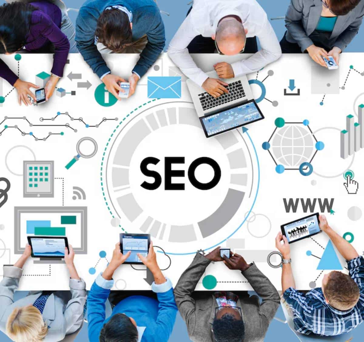Aerial view of diverse professionals collaborating on digital devices, surrounded by SEO graphics and data analytics.