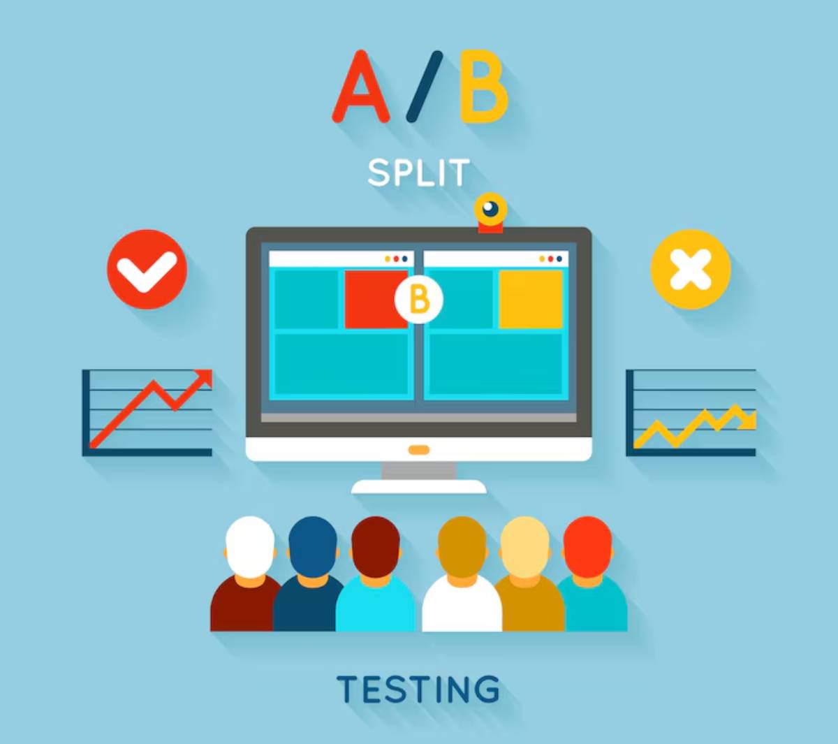Illustration of A/B split testing, featuring a computer screen displaying two versions, with graphs and audience viewing below.