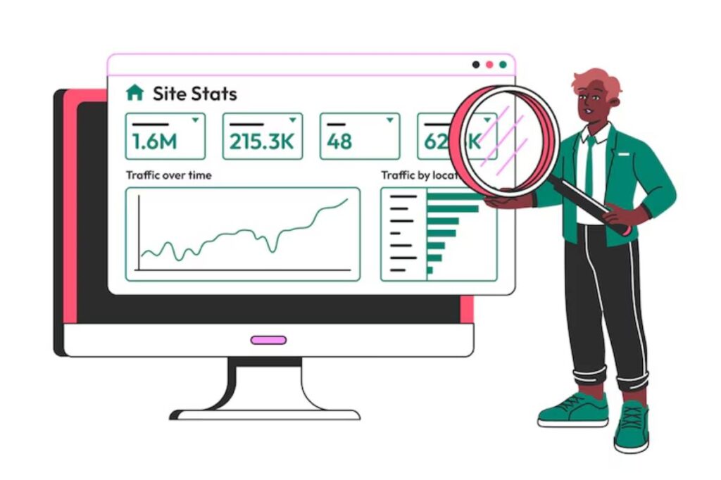 A person analyzes website traffic statistics displayed on a computer screen, using a magnifying glass to focus on details.