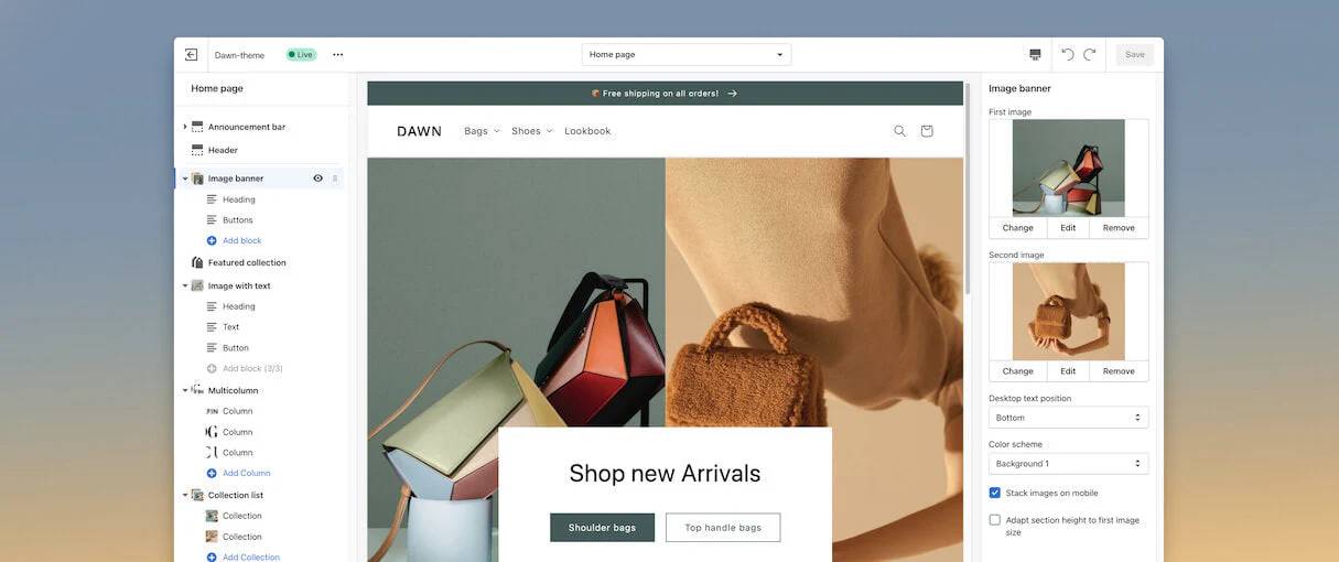 A website home page for "DAWN" featuring bags and shoes, showcasing colorful product images with a "Shop new Arrivals" banner.