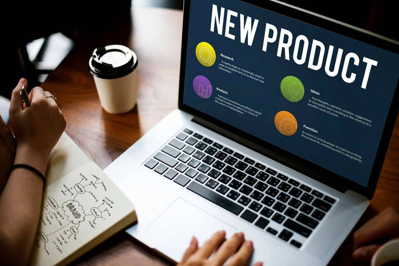 A close-up of a laptop displaying "New Product" with sections on research, analysis, ideas, and function.